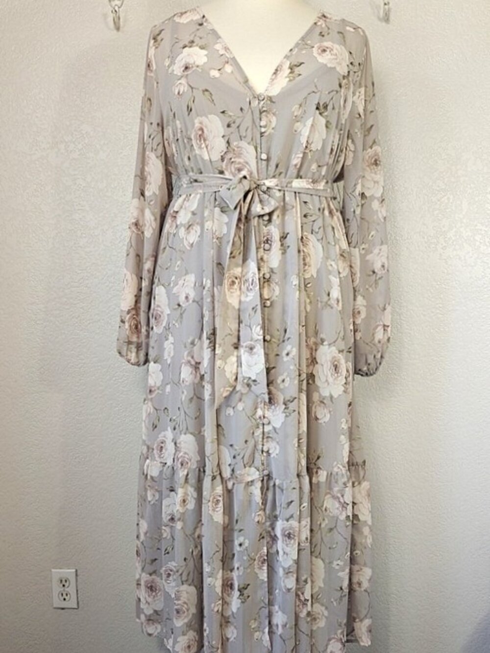 Torrid 2X Maxi Dress Chiffon Button Front Lined Tiered V-Neck Long Sleeves
